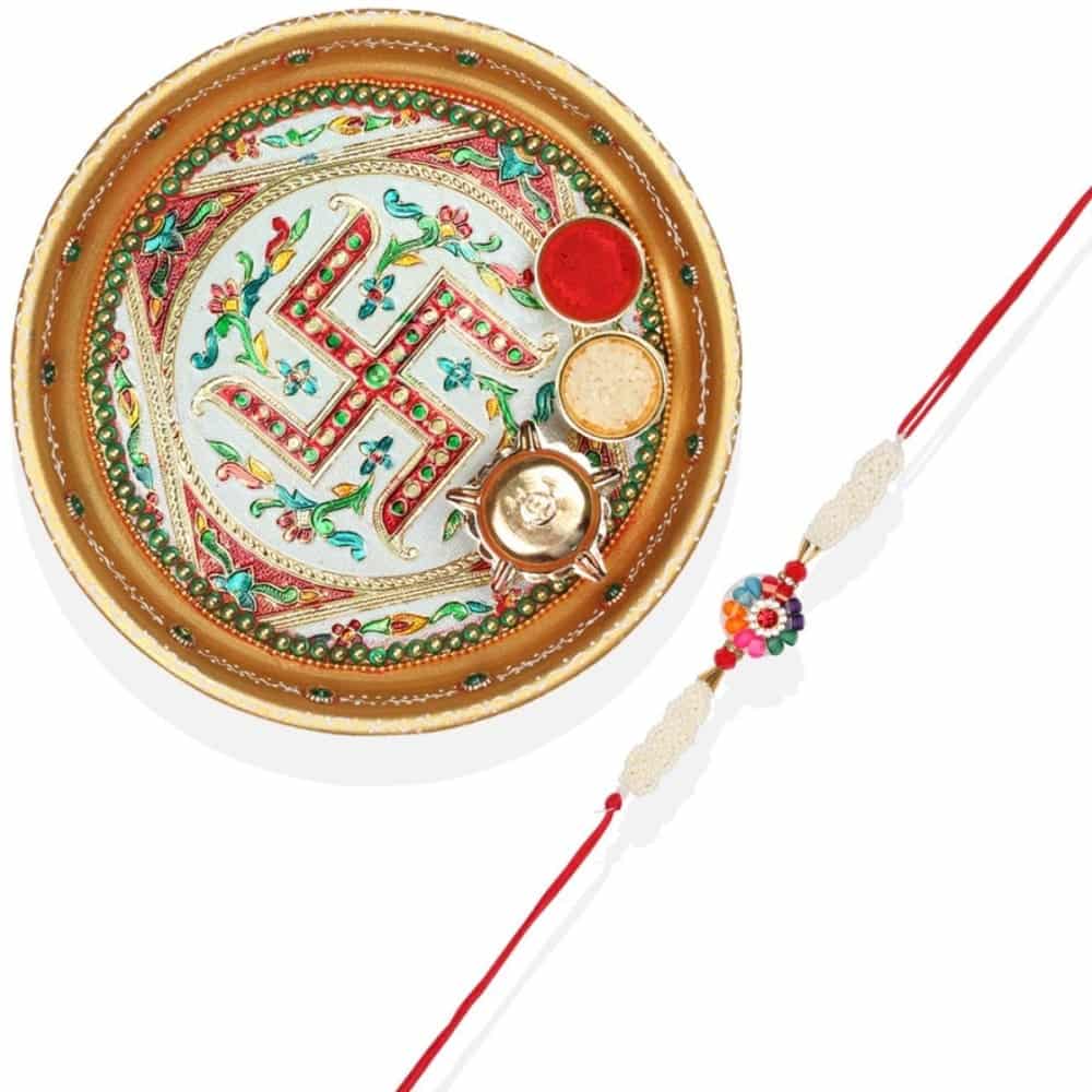 Gift Set of 3 Pearls Rakhi with Swastik Thali & Greeting