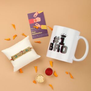 Gift Set of 3 Quirky Rakhi with Mug & Greeting Card