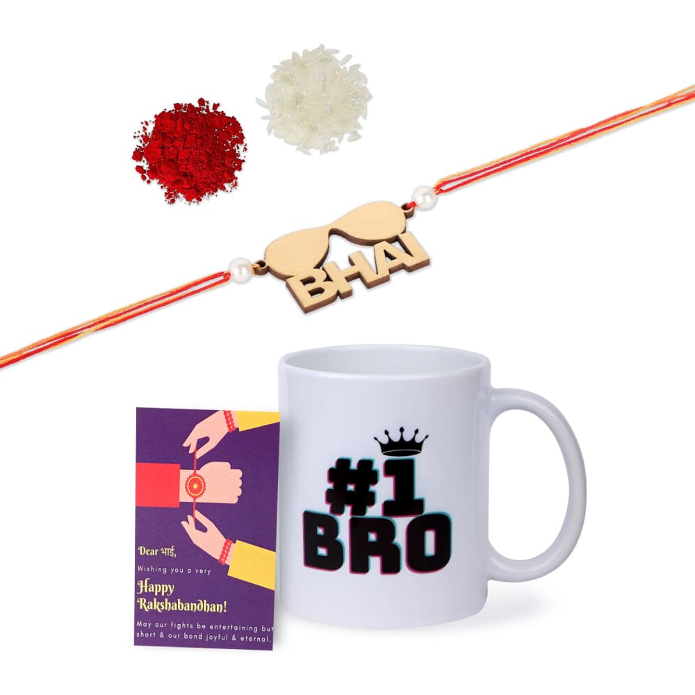Gift Set of 3 Quirky Rakhi with Mug & Greeting Card - Rakhi