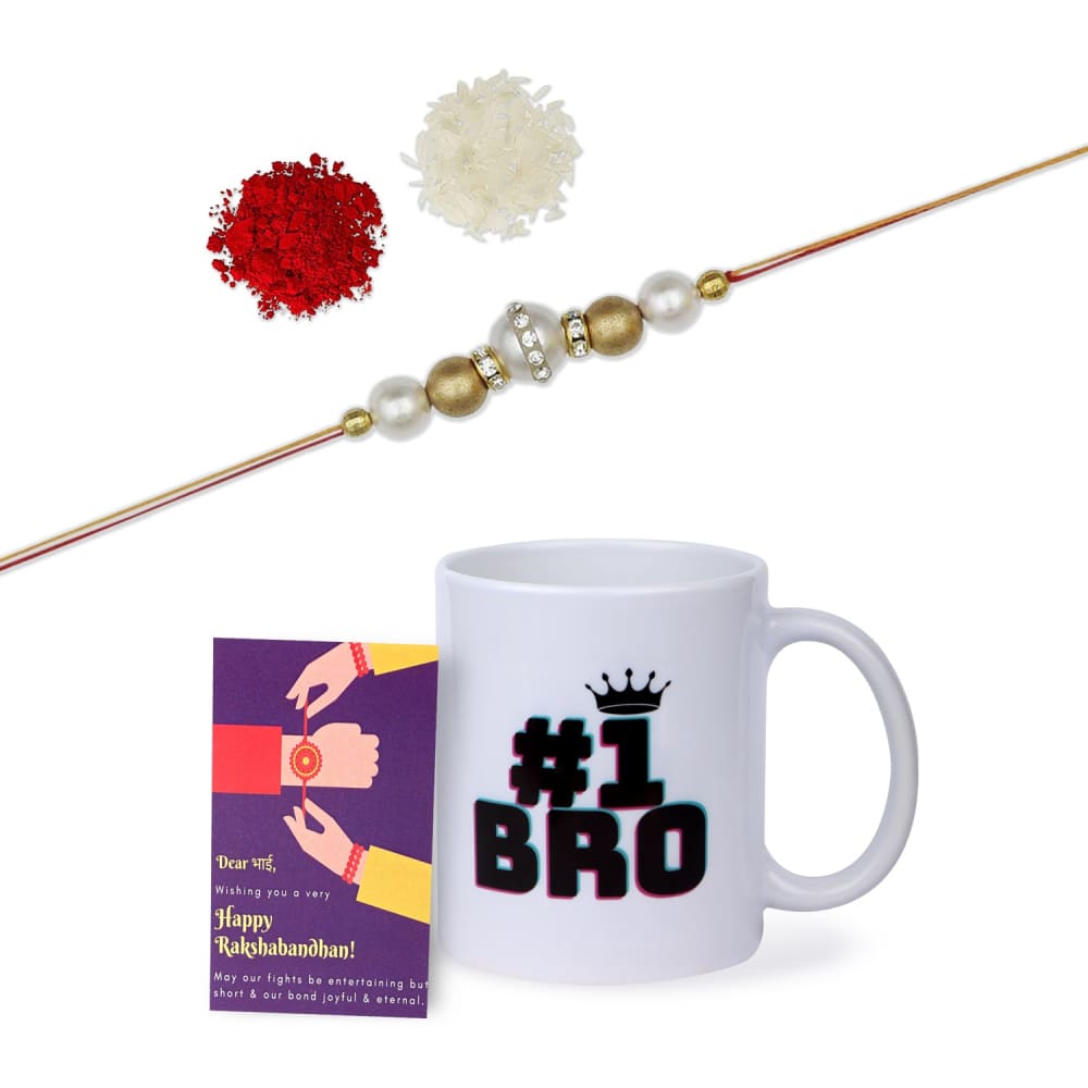 Gift Set of 3 with Beads Rakhi Mug & Greeting Card - Rakhi