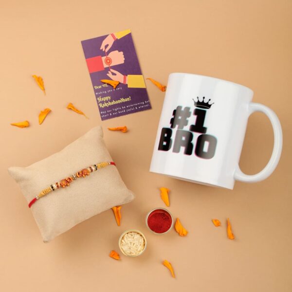 Gift Set of 3 with Beads Rakhi Mug & Greeting Card - Rakhi