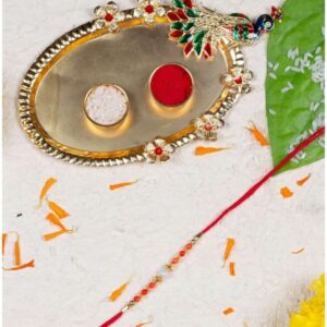 Gift Set of 3 with Beads Rakhi, Peacock Thali & Greeting Card