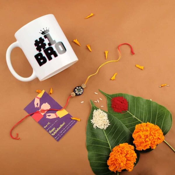 Gift Set of 3 with Enamel Rakhi Mug & Greeting Card - Rakhi