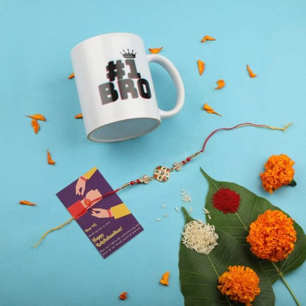 Gift Set of 3 with Enamel Rakhi Mug & Greeting Card - Rakhi