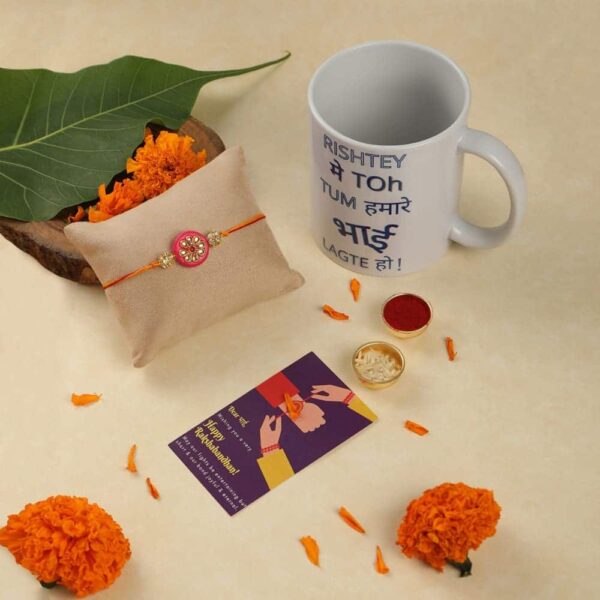 Gift Set of 3 with Enamel Rakhi Mug & Greeting Card
