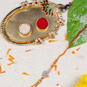 Gift Set of 3 with Enamel Rakhi, Peacock Thali & Greeting Card
