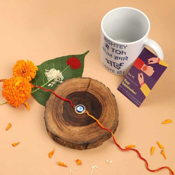 Gift Set of 3 with Evil Eye Rakhi Mug & Greeting Card -