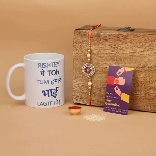 Gift Set of 3 with Kundan & Enamel Rakhi Mug & Greeting Card