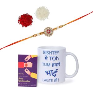 Gift Set of 3 with Kundan & Enamel Rakhi, Mug & Greeting Card