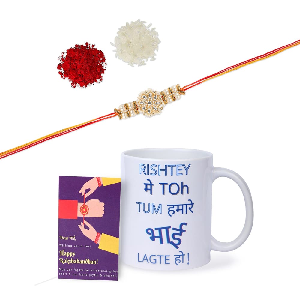 Gift Set of 3 with Kundan Rakhi Mug & Greeting Card - Rakhi