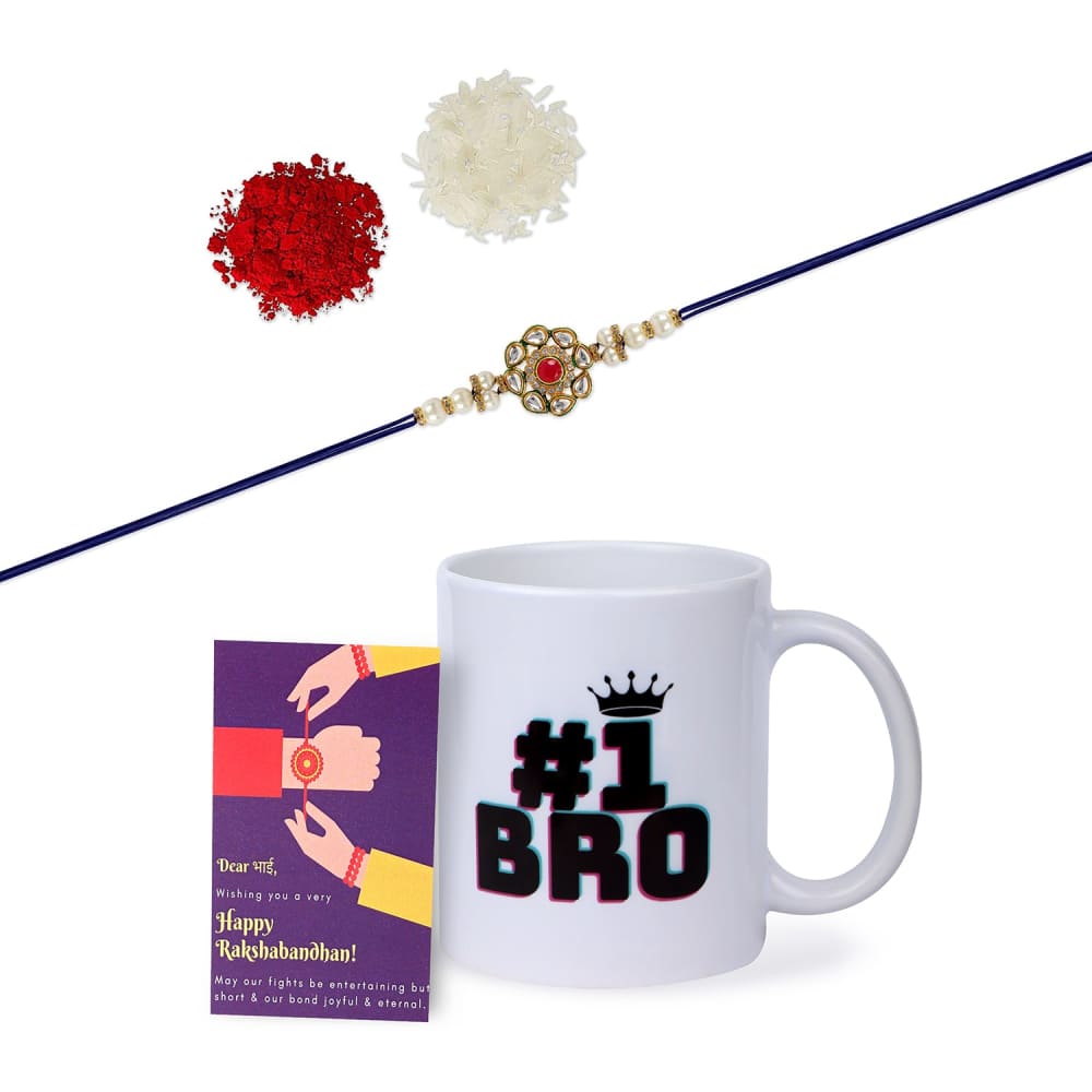 Gift Set of 3 Kundan & Ruby Rakhi with Mug & Greeting Card -