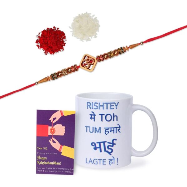 Gift Set of 3 with Om Rakhi Mug & Greeting Card - Rakhi