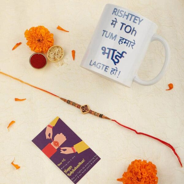Gift Set of 3 with Om Rakhi Mug & Greeting Card - Rakhi