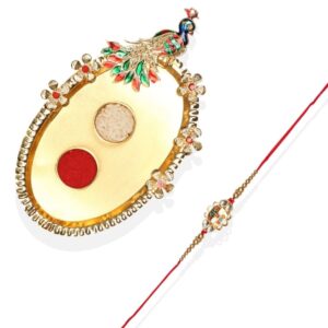 Gift Set of 3 with Quirky Rakhi, Peacock Thali & Greeting Card
