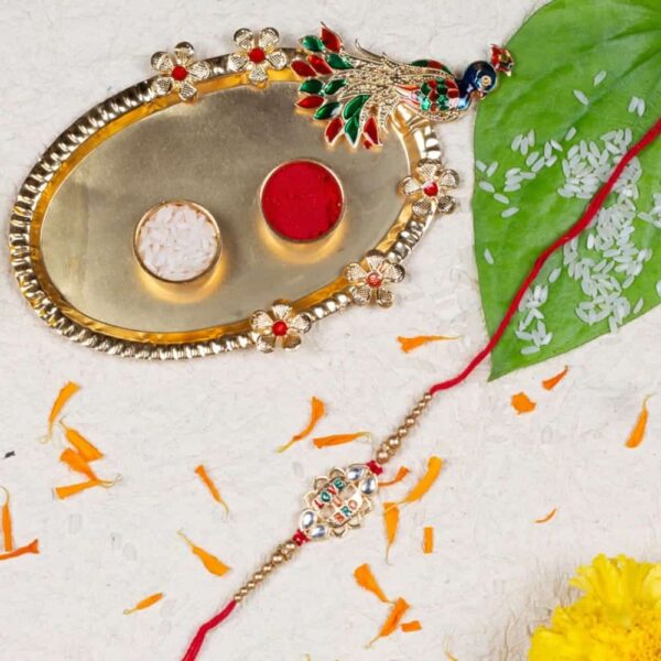 Gift Set of 3 with Quirky Rakhi Peacock Thali & Greeting