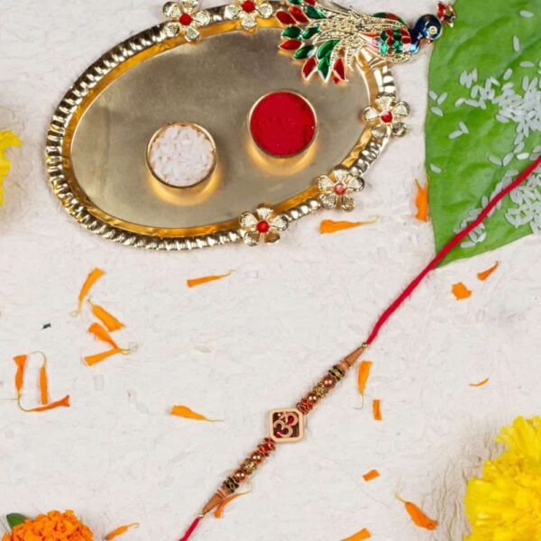 Gift Set of 3 with Religious Om Rakhi Peacock Thali &