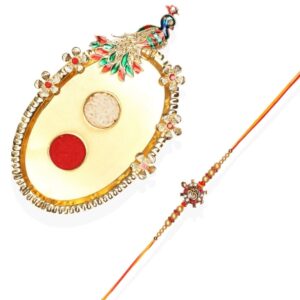 Gift Set of 3 with Religious Om Rakhi, Peacock Thali & Greeting Card
