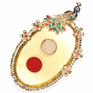 Gift Set of 3 with Religious Om Rakhi, Peacock Thali & Greeting Card
