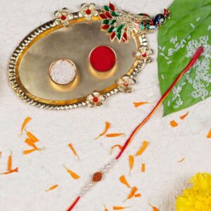 Gift Set of 3 with Rudraksh Rakhi, Peacock Thali & Greeting Card