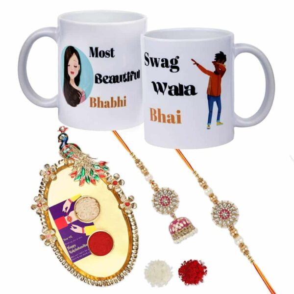 Gift Set of 4 with Bhaiya Bhabhi Kundan Rakhis Set of 2 Mugs
