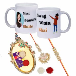 Gift Set of 4 with Bhaiya Bhabhi Kundan Rakhis, Set of 2 Mugs & Greeting Card