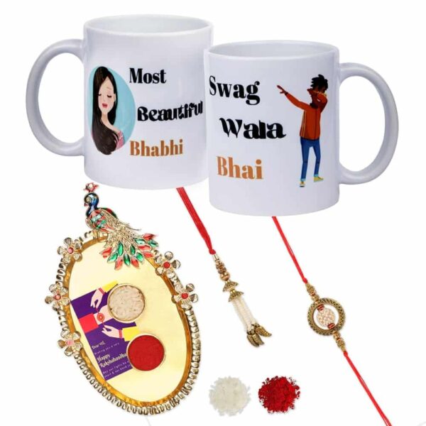 Gift Set of 4 with Bhaiya Bhabhi Kundan Rakhis Set of 2 Mugs