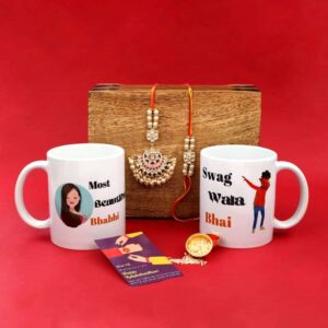 Gift Set of 4 with Bhaiya Bhabhi Kundan Rakhis, Set of 2 Mugs & Greeting Card
