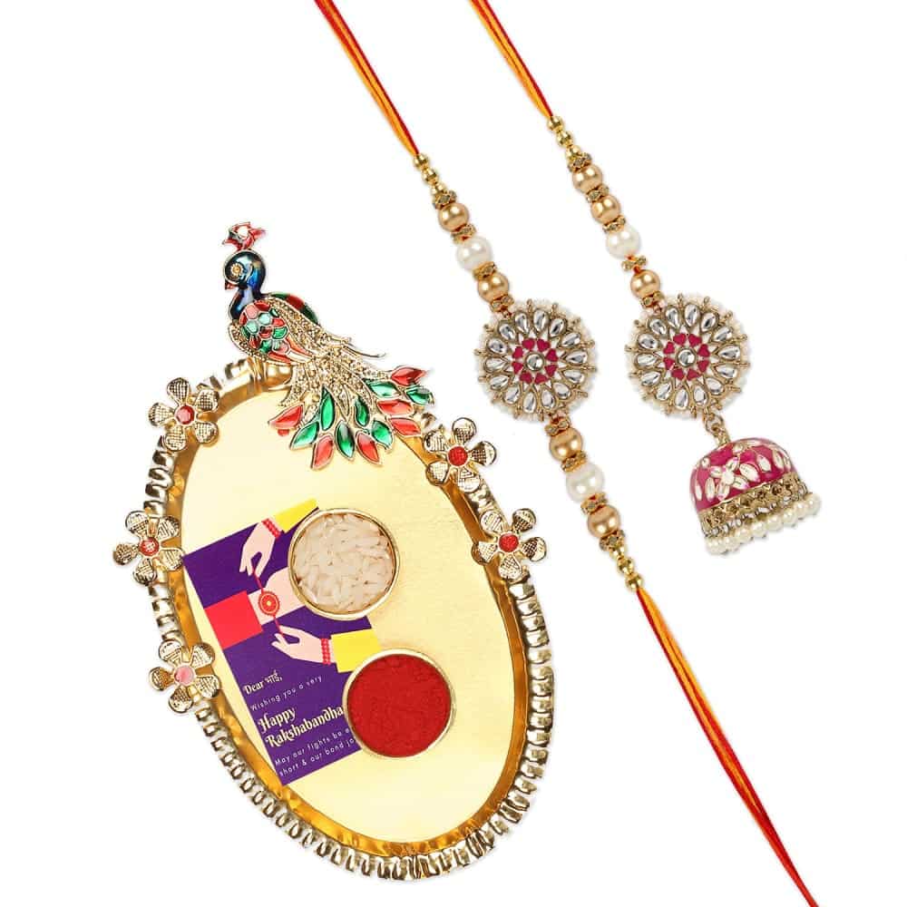 Gift Set of 4 with Bhaiya Bhabhi Kundan Rakhis Peacock Thali