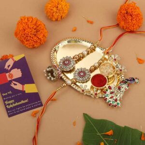 Gift Set of 4 with Bhaiya Bhabhi Kundan Rakhis, Peacock Thali & Greeting Card