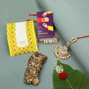 Gift Set of 4 with Bhaiya Bhabhi Kundan Rakhis, Premium Chocolates & Greeting Card