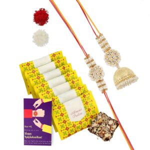 Gift Set of 4 with Bhaiya Bhabhi Kundan Rakhis, Premium Chocolates & Greeting Card