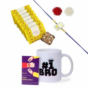 Gift Set of 4 with Rakhi, Luxe Chocolates Pack of 8, No.1 Bro Mug & Greeting Card
