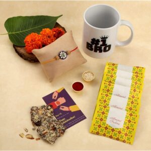 Gift Set of 4 with Rakhi, Luxe Chocolates Pack of 8, No.1 Bro Mug & Greeting Card