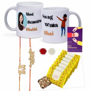 Gift Set of 5 with Bhaiya Bhabhi Kundan Rakhis, Luxe Chocolates & Set of 2 Mugs