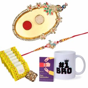 Gift Set of 5 with Rakhi, Chocolates, Mug, Peacock Thali & Greeting Card