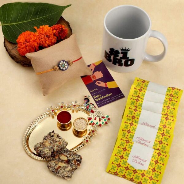 Gift Set of 5 with Rakhi Chocolates Mug Peacock Thali &