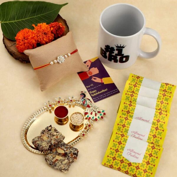 Gift Set of 5 with Rakhi Chocolates Mug Peacock Thali &