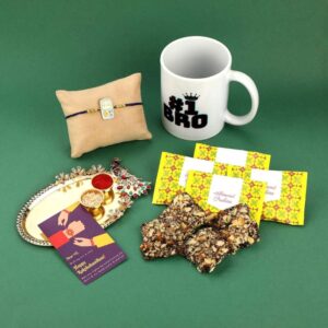 Gift Set of 5 with Rakhi, Chocolates, Mug, Peacock Thali & Greeting Card