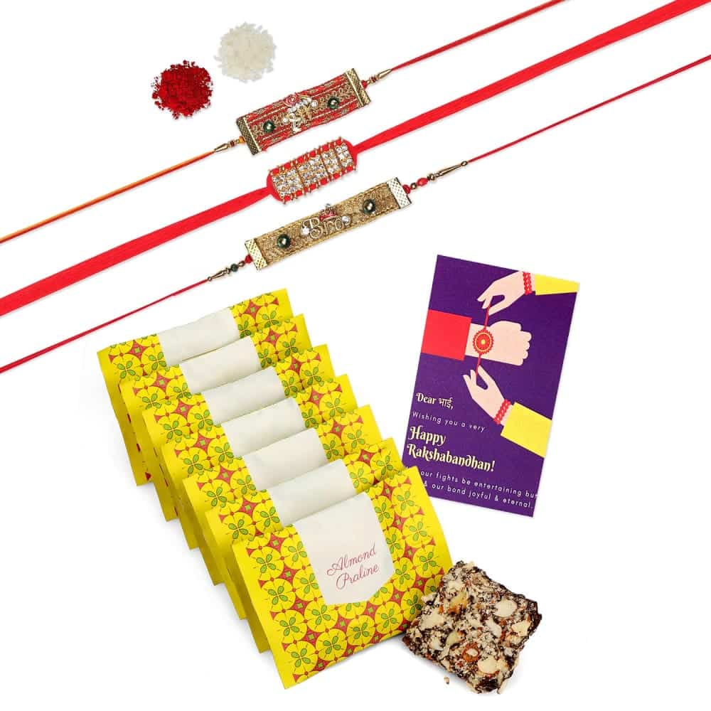 Gift Set of 5 with Rakhis Pack of 3 Premium Chocolates &