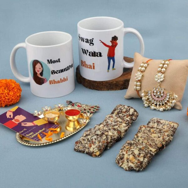 Gift Set of 6 with Bhaiya Bhabhi Rakhis Chocolates Mugs