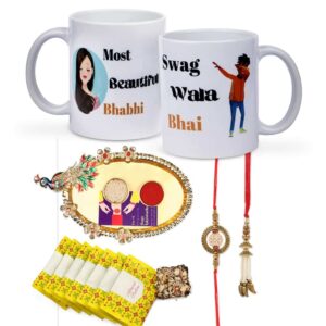Gift Set of 6 with Bhaiya Bhabhi Rakhis, Chocolates, Mugs, Thali & Greeting Card