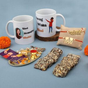 Gift Set of 6 with Bhaiya Bhabhi Rakhis, Chocolates, Mugs, Thali & Greeting Card