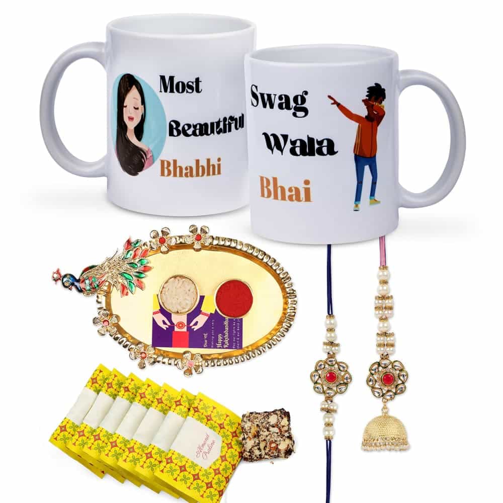 Gift Set of 6 with Bhaiya Bhabhi Rakhis Chocolates Mugs
