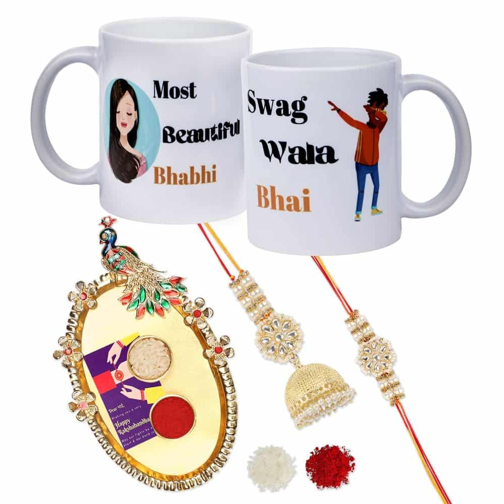 Gift Set of 6 with Bhaiya Bhabhi Rakhis Swastik Thali 2 Mugs