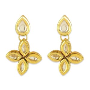 Gold Plated Traditional Brass Material Vilandi Kundan Floral Studded Earrings for Women and Girls