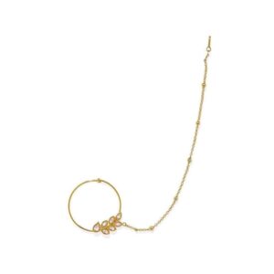Gold Finish Delicate Kundan Nose Ring with Chain for Women
