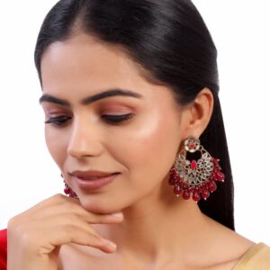 Gold Finish Handcut Mirror Studded Statement Chandbali Earrings with Maroon Dangling Beads for Women