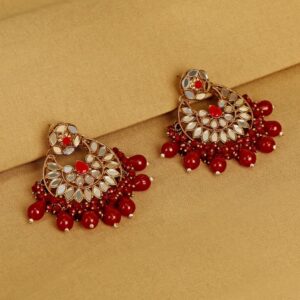 Gold Finish Handcut Mirror Studded Statement Chandbali Earrings with Maroon Dangling Beads for Women