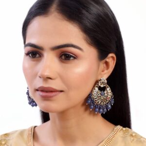 Gold Finish Handcut Mirrors Studded Statement Chandbali Earrings with Blue Dangling Beads for Women