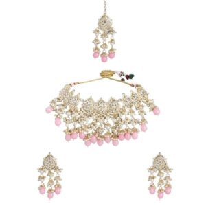 Gold Finish Kundan Embellished with Pink Beads and Pearls Bridal Jewellery Set with Earrings and Maang Tikka for Women